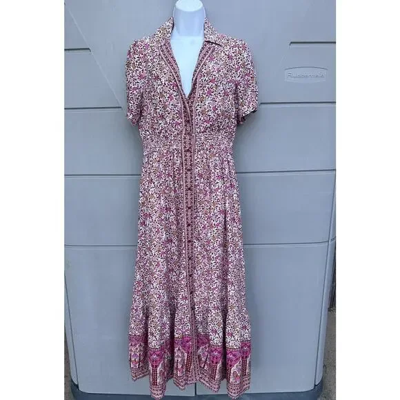 In Loom Floral Border Print Button Front Midi Dress Sz S Feminine Cottagecore - Picture 4 of 14